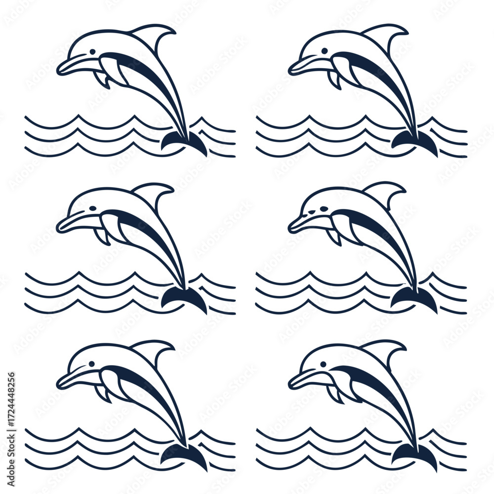Naklejka premium Set of six simple line art illustrations of dolphins leaping out of stylized waves presented in a grid format on a white background