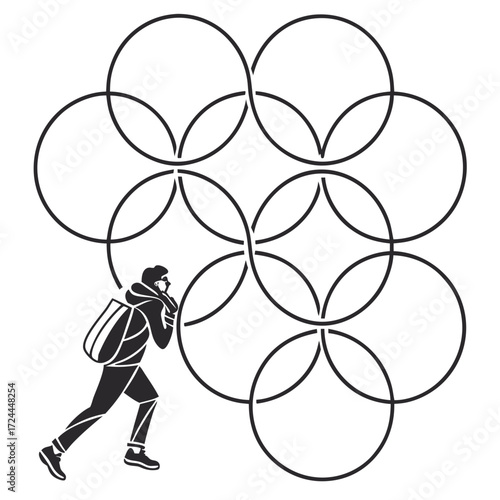 Silhouette of a person with a backpack running towards a complex geometric pattern of interlocking circles representing challenges and opportunities