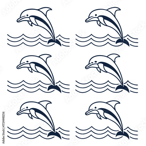Set of six simple line art illustrations of dolphins leaping out of stylized waves presented in a grid format on a white background