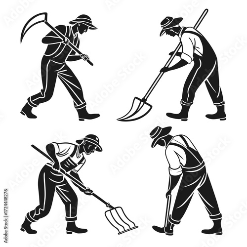 Silhouettes of farmers engaged in various agricultural tasks including mowing with a scythe digging with a shovel raking with a pitchfork and tilling the soil with a hoe