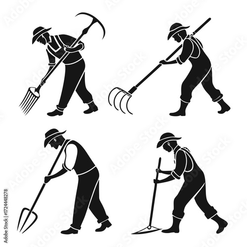 Silhouettes of farmers working with agricultural tools including a pitchfork rake pickaxe and scythe representing manual labor and farming activities