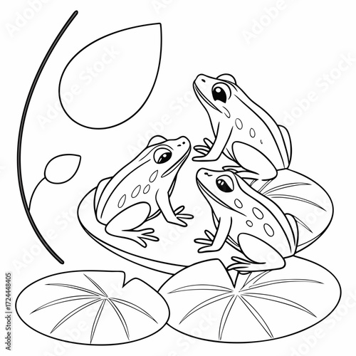 Three cute cartoon frogs sitting on lily pads in a pond with a stem and leaves in the background black and white line art illustration