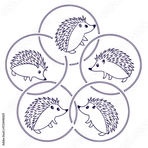 Whimsical hand drawn outline illustration of five cute cartoon hedgehogs arranged in a circular pattern inside interconnected circles on a white background