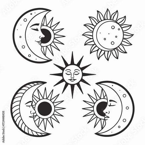 Whimsical hand drawn celestial bodies featuring smiling suns and crescent moons with faces in a playful arrangement against a white background