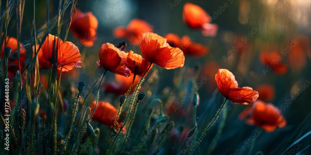 Obraz premium Vibrant Red Poppies Dancing in a Sunlit Meadow at Dawn's Early Light
