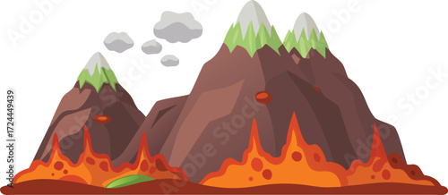 Vector illustration of a volcanic landscape featuring flowing lava and rugged mountains under a dramatic sky.