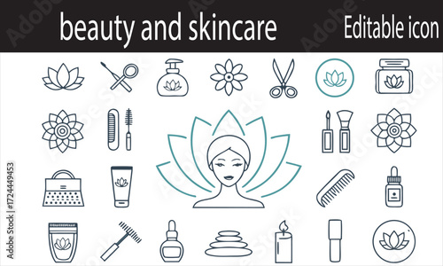 Hand drawn beauty and skincare icons and illustrations on white background