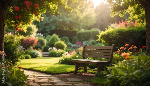 Fototapeta Naklejka Na Ścianę i Meble -  Sunlit garden path with bench