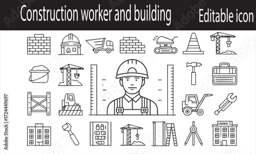 Construction worker and building elements line art illustration