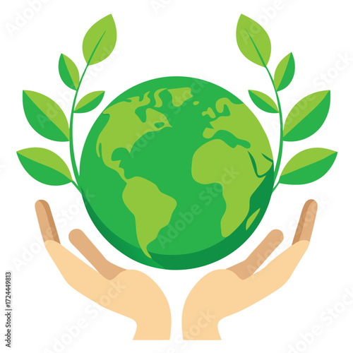 Hands holding planet earth with green leaves globe