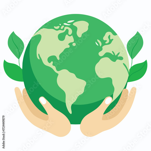 Hands holding planet Earth with green leaves protect