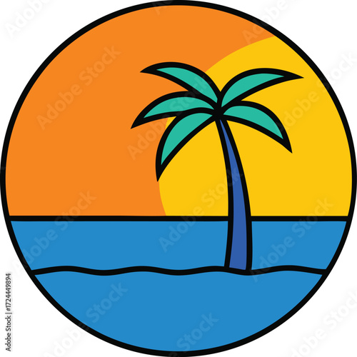 A circular image featuring a palm tree beside the ocean, evoking a tropical paradise scene.