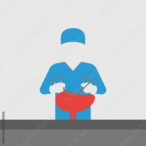 A minimalist vector illustration of a surgeon in blue scrubs performing a medical operation on an organ.