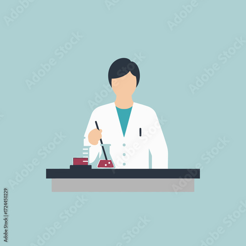 A scientist in a lab coat is conducting an experiment with a flask and a dropper.