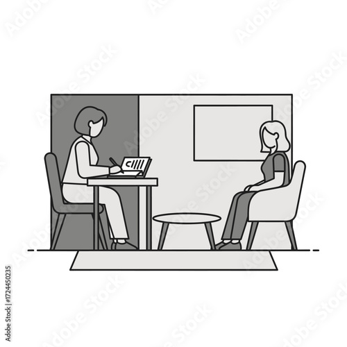Illustration of a therapist taking notes while consulting with a patient in a counseling session.