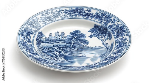 Oval Porcelain Platter with Blue - and - White Landscape and Castle Motif