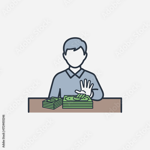 A person refusing money, sitting at a table with stacks of cash in front of them.