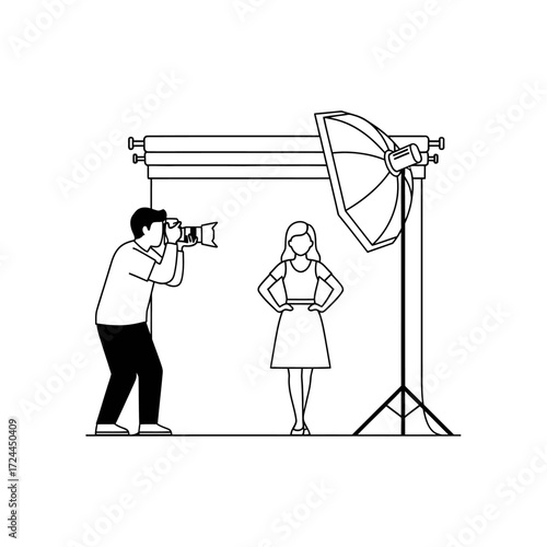 Photographer shooting a female model in a studio with professional lighting equipment.