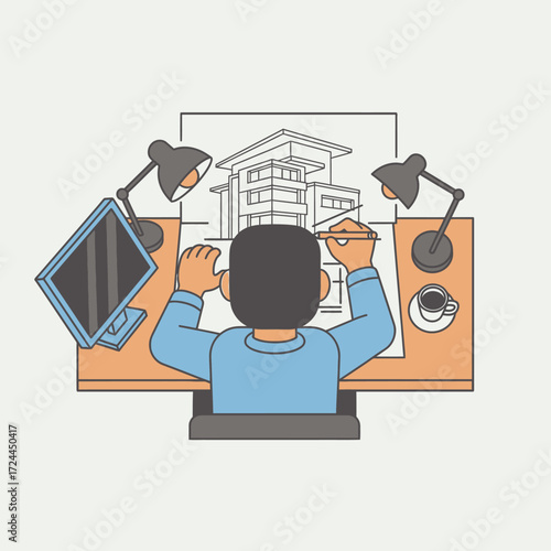 Illustration of an architect or draftsman working at a desk, sketching a modern building design on a blueprint.