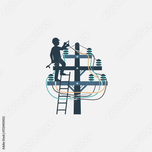 A silhouette of an electrician on a ladder fixing wires on a utility pole, illustrating electrical work and maintenance.