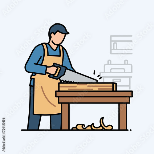 An illustrated carpenter wearing an apron saws a wooden plank on a workbench in a workshop.