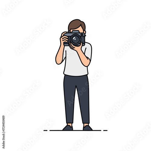 Illustration of a photographer holding a camera up to their face, ready to take a picture.