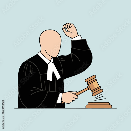 Illustration of a faceless judge in a black robe holding a gavel with one hand and raising a fist with the other.