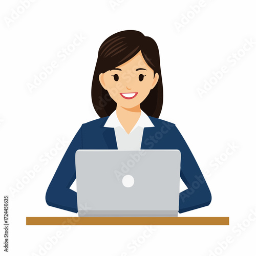 パソコン作業をする働く女性のベクターイラスト素材