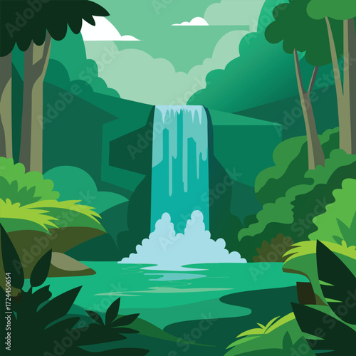 Lush jungle waterfall cascading into a turquoise pool