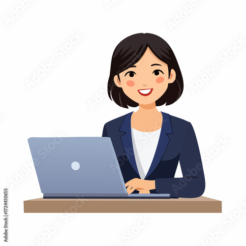 パソコン作業をする働く女性のベクターイラスト素材