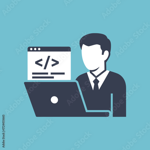 Person using a laptop to view code on a computer screen, representing a programmer or developer.