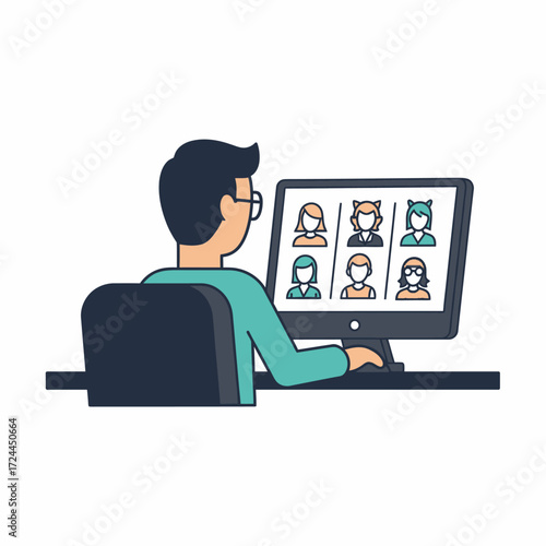 Man attending an online video conference with colleagues on his desktop computer.