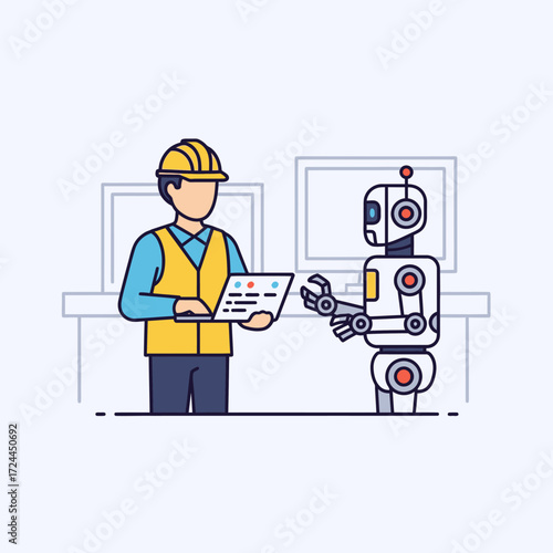 An engineer in a hard hat and vest interacts with a robot, holding a tablet in a modern industrial or technology setting.