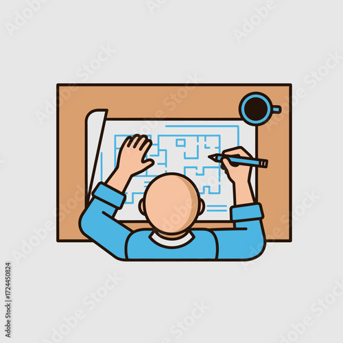 Top-down illustration of an architect or engineer drawing a building floor plan at a desk with a cup of coffee.