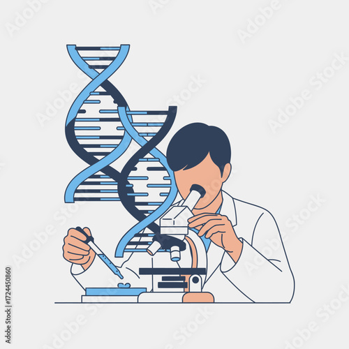 Illustration of a scientist conducting research in a laboratory, examining samples under a microscope with large DNA helix structures.