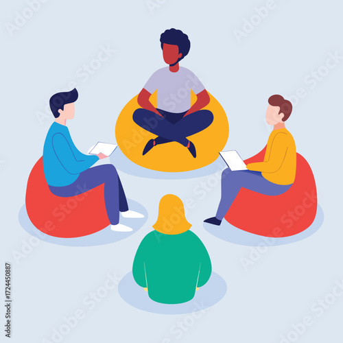 A group of people sitting on colorful bean bags arranged in a circle, engaged in conversation and sharing ideas.