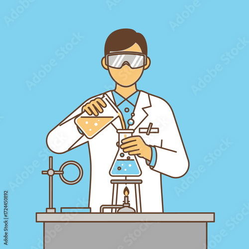A scientist in a lab coat and goggles carefully pours liquid from one flask to another over a Bunsen burner.