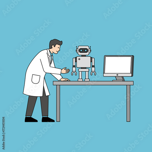A scientist in a white lab coat interacting with a robot and a computer on a table.