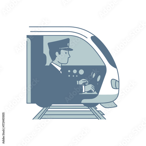 Illustration of a train driver in the cabin of a modern train.
