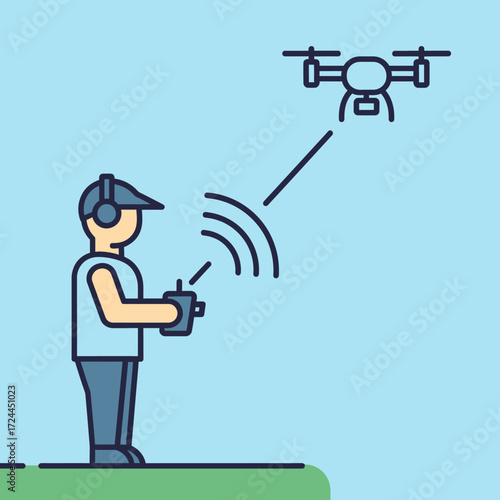 Illustration of a person wearing headphones and a cap, operating a quadcopter drone with a remote control.