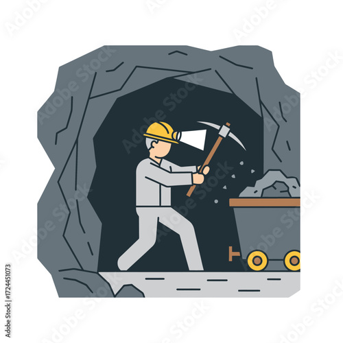 A miner wearing a helmet with a headlamp is digging in a mine with a pickaxe next to a minecart.
