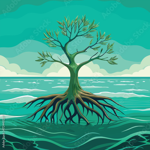 Mangrove Tree with Exposed Roots in Water ocean