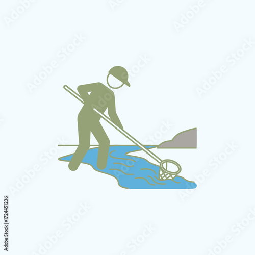 Person using a fishing net in a river or stream, illustration.