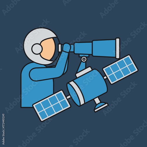 Astronaut using a telescope and satellite.