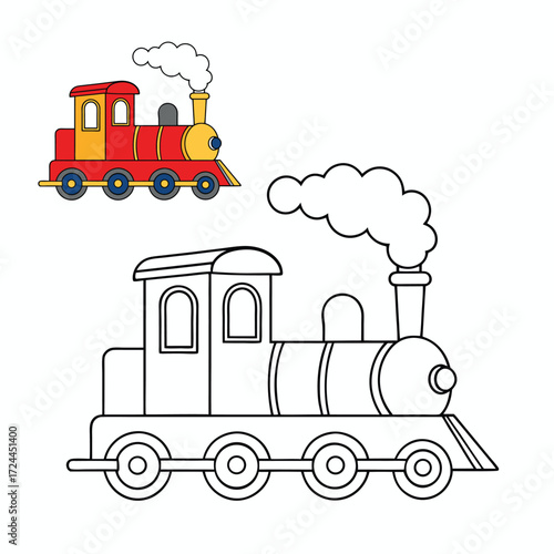 A steam locomotive coloring page featuring a classic train engine with large wheels, smokestack, and detailed design, perfect for kids and train enthusiasts to color.
