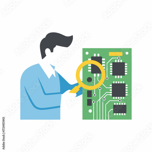 Stylized illustration of a technician inspecting a green printed circuit board with a magnifying glass.