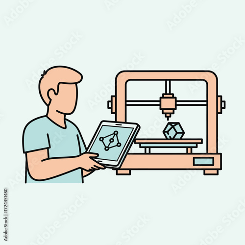 A person holding a tablet with a 3D model on it, standing next to a 3D printer creating an object.