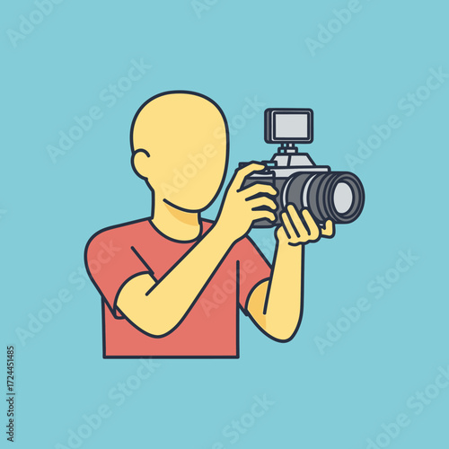 Person holding a camera, illustration style, taking a picture.
