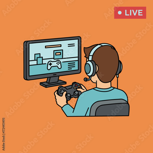 Illustration of a gamer wearing a headset and holding a controller while live streaming a video game on a computer.