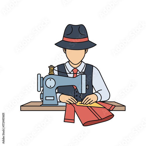 A tailor working on a sewing machine, with fabric and a hat.